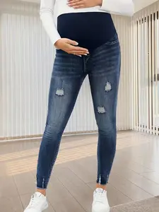 Stylish Maternity Ripped Jeans - High Stretch Denim Pants for Pregnant Women - Fashion Slim Mum Underwear Womenswear Bottom Lady Streetwear Fit Trouser Comfort Comfortable