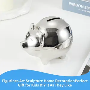 Money Saving Bank Metal Silver Piggy Penny Coin Bank for Children - Kids' Hot Gifts for Birthday, Christmas & Parties with Silver Decor Ornaments