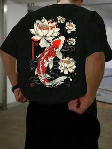 Men's Traditional Japanese Art Cultural Koi Fish T-Shirt, Round Neck, Breathable Lucky Fish Pattern Short Sleeve, Lotus and Japanese Calligraphy Details