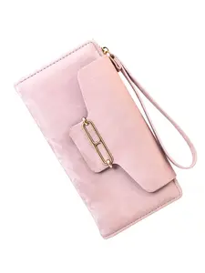 New PU Leather Long Wallet for Women, High-End Two-Fold Coin Purse, Mini Wrist Bag, Simple Card Holder, Silver Color Strap Wallet