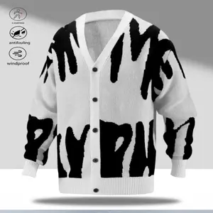 A graffiti style V neck knit cardigan, featuring a casual and minimalist design. The V neck is simple and elegant, with an overall design that is practical and straightforward. The graffiti pattern is artistic and understated, while the knitted fabric has
