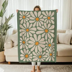 Daisy Velveteen Plush Blanket, Modern Boho Flower Botanical Throw, Floral Bedding, Neutral Decor, Flower Blankets, Daisy Gifts
