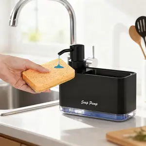 Hand and Dish Soap Dispenser Set for Kitchen, Dual Soap Dispenser with Sponge Holder, 3-in-1 Countertop Soap Pump Dispenser for Kitchen Sink, Useful Kitchen Gadgets - Black