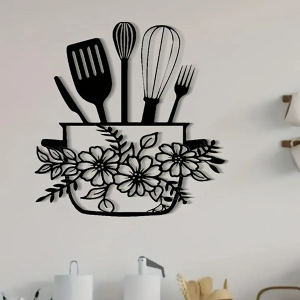Metal Kitchen Wall Art, Decorative Artwork, Flower & Cookware Design Wall Decor, Aesthetic Wall Decor, Modern Home Decor, Wall Hanging Decor for Home Kitchen, Vanity Decor Accessories, Home Decor, Poster, Decoration, Decoration Items