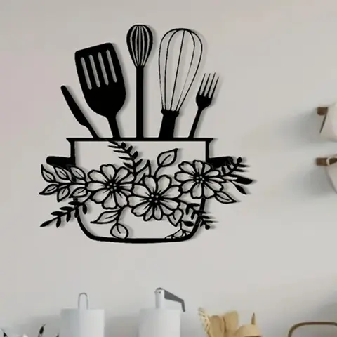 Metal Kitchen Wall Art, Decorative Artwork, Flower & Cookware Design Wall Decor, Aesthetic Wall Decor, Modern Home Decor, Wall Hanging Decor for Home Kitchen, Vanity Decor Accessories, Home Decor, Poster, Decoration, Decoration Items