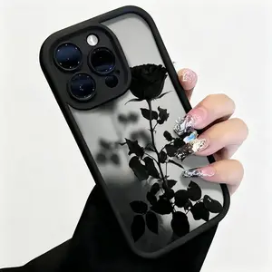 Black Rose Pattern Phone Case , Soft Silicone Tpu Protection and Shockproof For iPhone 17 16 15 Pro Max 14 16Pro 13 12 11 X Plus Air Mini Girl 17E Floral