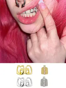 2pcs Women's Copper Tooth Gem Kit, Hollow Heart Design, Plated, Micro-Embellished 5a+ Artificial Zircon, Party Style