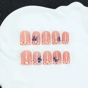 10pcs Handmade French Tip Press On Nails - Nude Pink Acrylic False Nails with Blueberry Polka Dot Design, Reusable Cute Style Nail Kit with Free Nail Tool Kit, Acrylic Nail Set, Suitable for daily party attire and exquisite gifts for women