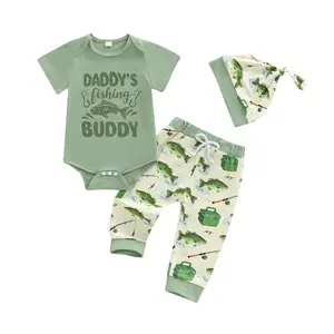 Baby Boy Summer Outfit Fish Letter Print Short Sleeve Romper Pants and Hat 3 Piece Set
