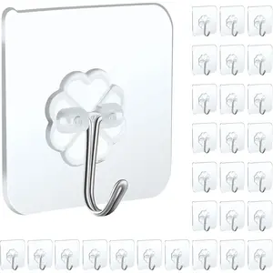 30 Packs Heavy Duty Wall Hooks Max 22lb, Transparent Self Adhesive Sticky Hooks for Door Bathroom Shower Kitchen Outdoor Hanging