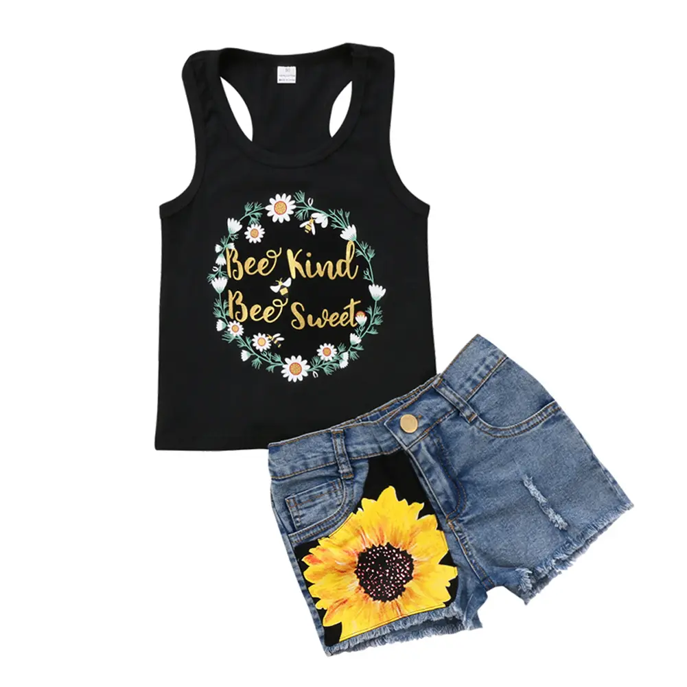 Meihuida Fashion 2Pcs Toddler Kids Baby Girl Sunflower Outfits Sleeveless Tank Top+Denim Shorts Summer Clothes 1-6 Years