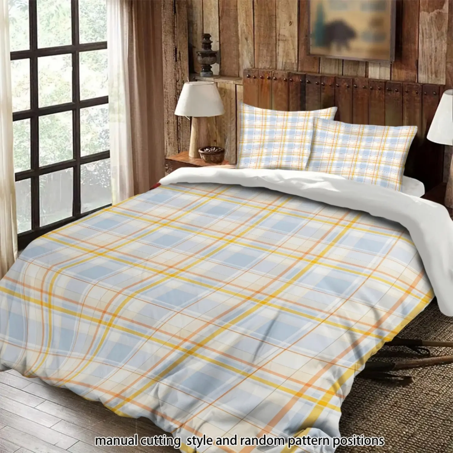 This 3-piece bedding set in blue, white, orange, and yellow checkered fabric is suitable as a gift.