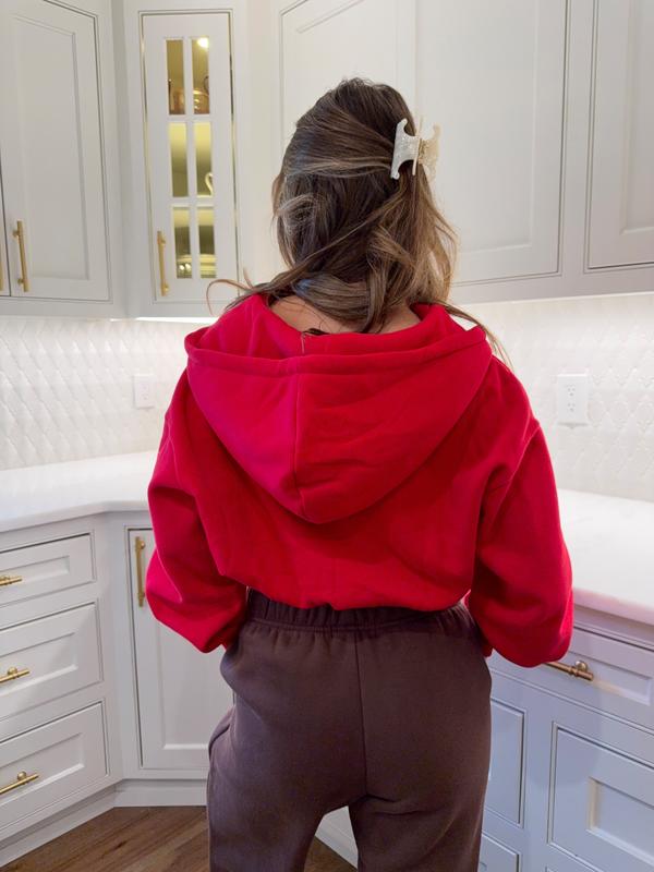 Fleece Oversized Crop Full Zip Hoodie - Holiday Red