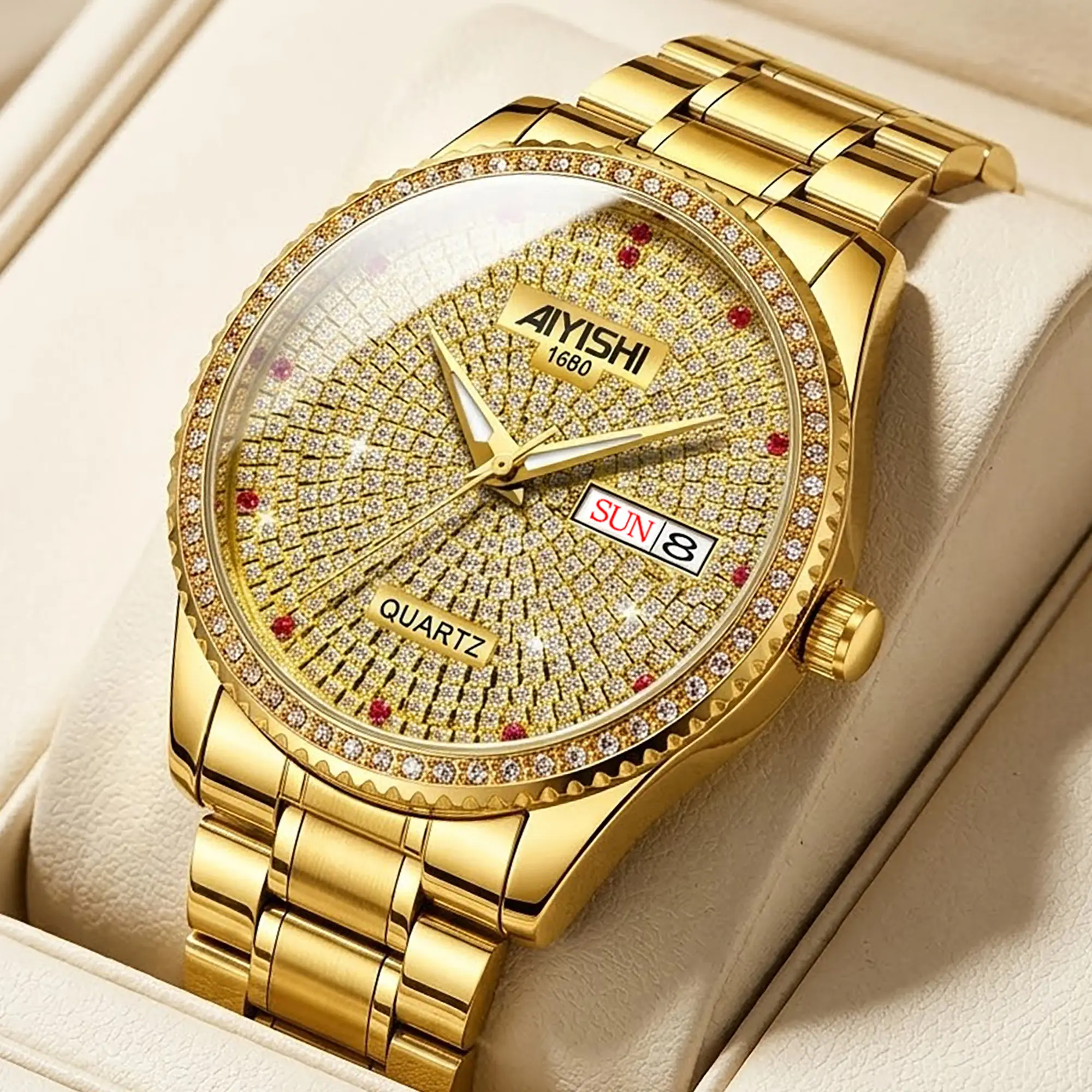 AIYISHI Men's Luxury Look Quartz Wristwatch for Male Wear - Stainless Steel Strap, Water-Resistant, Luminous Hands, Full Pavé Dial with Paved Crystals, Casual Glam Fashion Accessory analog timepiece