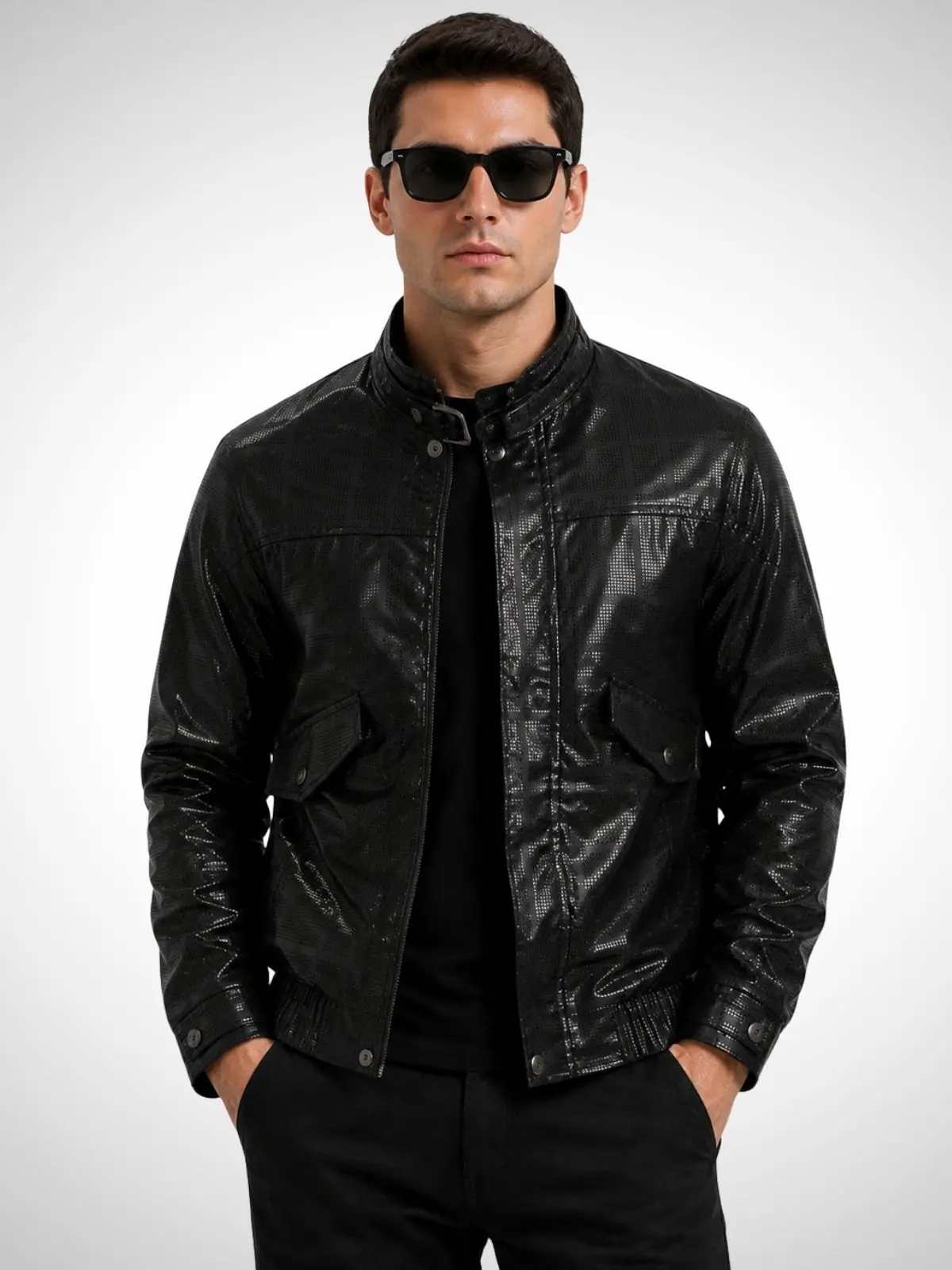 Men’s plaid leather motorcycle jacket with stand collar, button closure, zipper, multiple pockets—casual baseball jacket style Coats Day