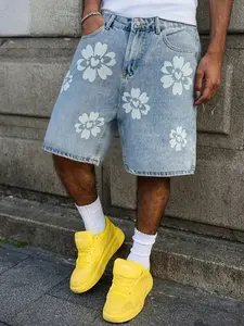 Men’s and women’s versions of small flower print denim shorts | American-style high-street loose-fitting distressed five-pocket pants | TikTok’s top-selling denim shorts for street fashion, skateboarding outings, Y2K style, daily commutes, music festivals