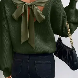 Women's Long Sleeve Sweater with Bow at Back, V Neck Knit Top for Fall & Winter, Fashionable Casual Layering Tee