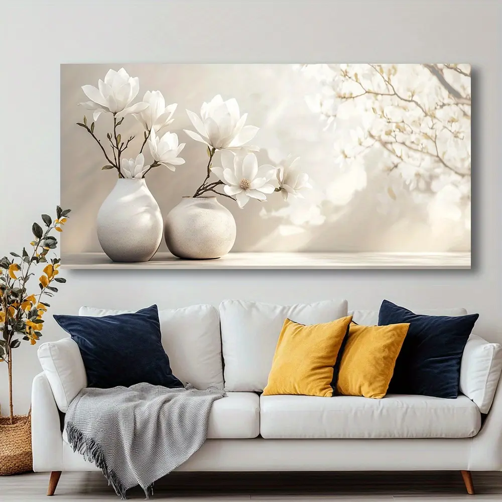 Framed Canvas Wall Art - "Magnolias in a Vase" Modern Abstract Print, Multi-Size Pine Wood Decorative Piece for Indoor Home Decoration, Living Room, Bedroom, Room Decorations, Home Inspo, Nature Art