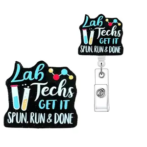 Lab Tech Themed Badge Holder, 1 Count Retractable Badge Reel, Acrylic ID Holder with Clip for Nurses, Doctors, Students & Office Staff, Nursing Students