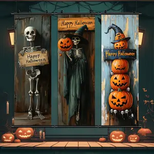 3 Counts Halloween Hanging Banner, Skeleton And Pumpkins, Halloween Mural And Decorative Posters, Fun Party Decorations, Horror Themes, Living Room, Bedroom, Home Posters, High Definition, Waterproof, Ideal Gifts