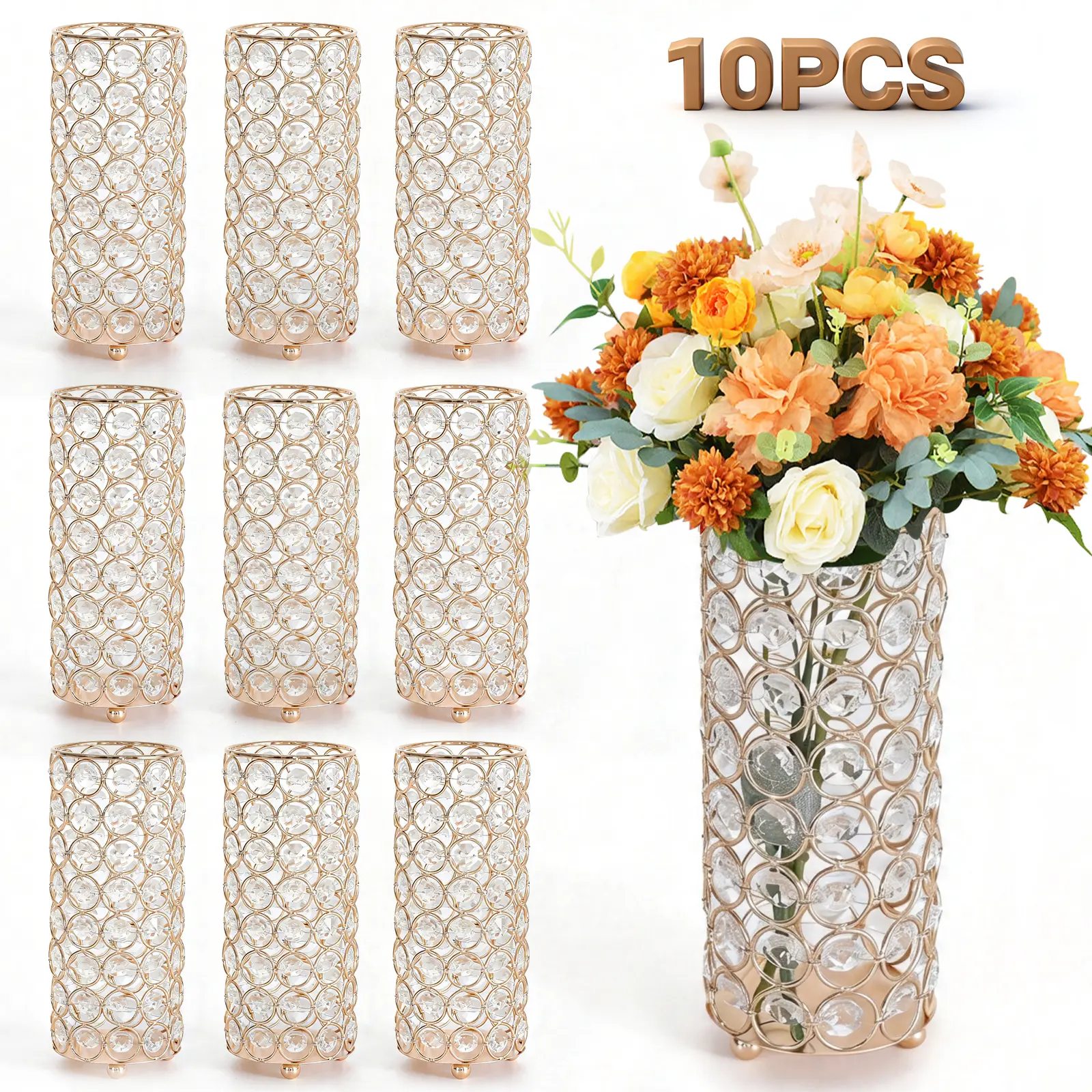 10 Pcs Crystal Flower Vase for Centerpieces, 7.9" Metal Cylinder Flower Vase Set, Crystal Pillar Candle Holder for Wedding/Parties Table Decor