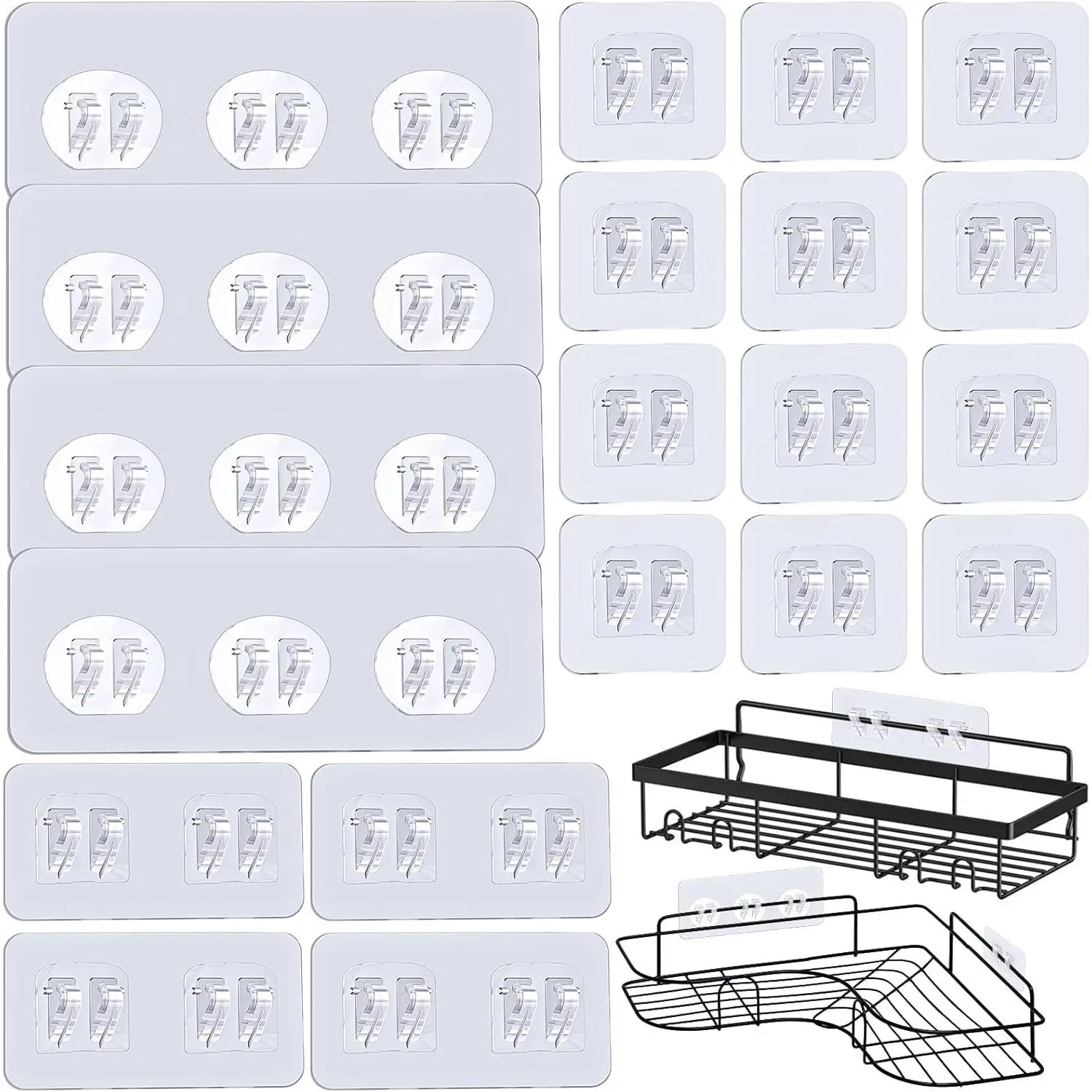 24Pack Shower  Adhesive Hooks, No Drill, Heavy Duty, , Clear, Minimalist, Plastic, Wall Mount, 22lbs Max Weight, Bathroom & Kitchen Use