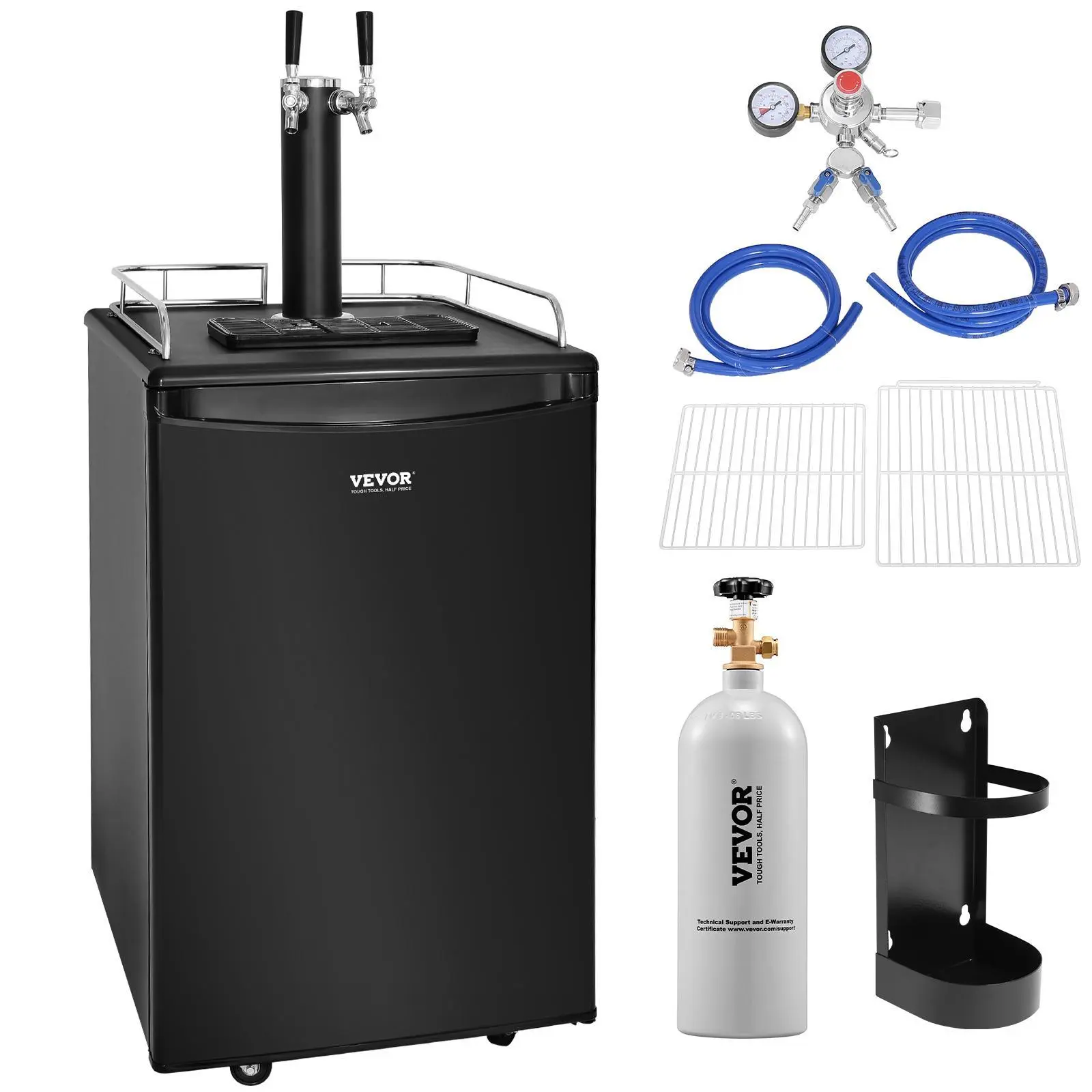 【Summerfinds】VEVOR Beer Kegerator, Dual Tap Draft Beer Dispenser, Full Size Keg Refrigerator with CO2 Cylinder, Shelves, Drip Tray & Rail, 32°F- 50°F Temperature Control, Hold 1/6, 1/4, 1/2 Barrels