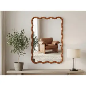 Yellowish Brown 20"x30" Wavy Rectangle Solid Wood Frame Decorative Mirror,For Bedroom, Bathroom, Living Room, Entryway