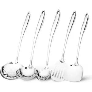 Stainless Steel Kitchen Utensils Set - 5 count Metal ing Utensils Set & Large Serving Utensil - Includes Spatula, Ladle, Slotted Spatula, Spaghetti Server & Skimmer