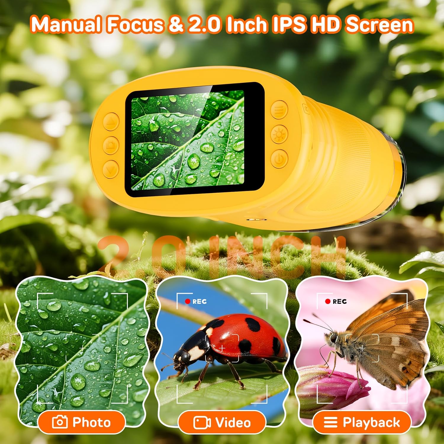 Kids Handheld Digital Microscope, 1000X Zoom 2.0 Inch IPS Screen Portable Microscope for Kids, Rechargeable Nature Exploration Toy, Educational Science Gift for Boys Girls Ages 3-12, Outdoor Observation Tool for Insects Plants
