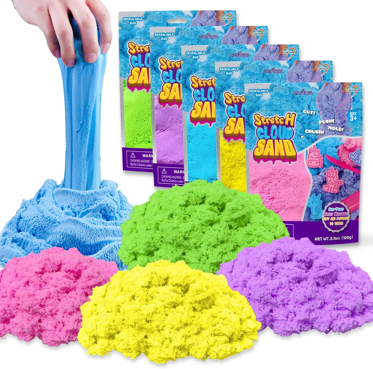 CAROLART Cloud Clay Sensory Sand Refill, 5-Pack Multi Color Set, Moldable Bin Filler, Soft Mess-Free Travel Toy, Stress Relief Sensory Play Toy for Kids Ages 3+