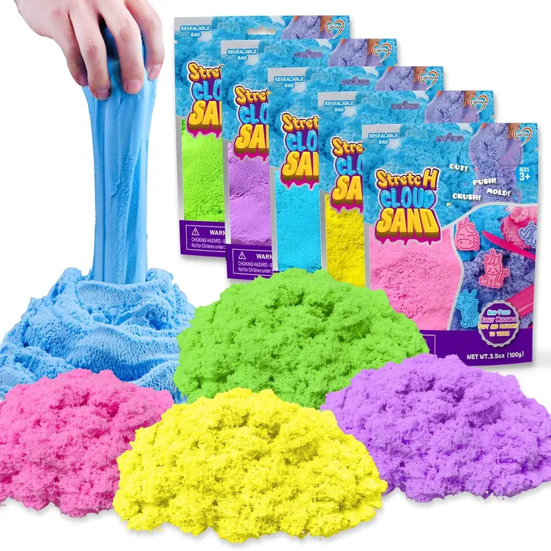 CAROLART Unisex Stretchy Sand Sensory Play Refill, 5-Pack Multi Color Set, Moldable Bin Filler, Soft Mess-Free Travel Toy, Safe Stress Relief Toy for 4-6 Years, Encourages Creativity