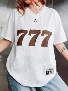 Women's Lucky 777 Angel Number Mesh Jersey | Retro Los Angeles Oversized Graphic V-Neck Tee | Breathable Summer Streetwear for Ladies | Y2K Aesthetic Baggy Fit Sporty Top