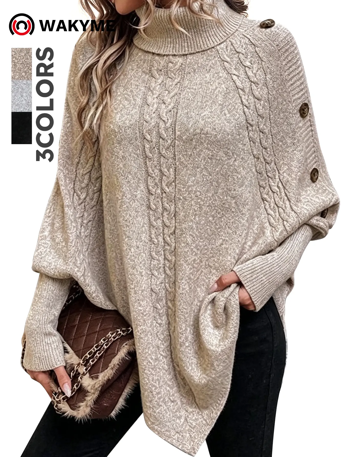 Women's Cable Knit Turtleneck Sweater – Long Sleeve Batwing Pullover with Button Detail for Fall & Winter