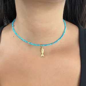 The Protect Your Power Fish Choker Single 14k Gold Plated Beaded Choker 15" + 2" Extension with Turquoise Blue Beads and Golden Fish Decal