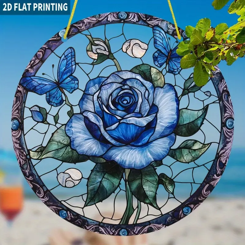 Glam Acrylic Colored Sun Catcher Hanging Plaque - 8x8in Round Transparent Double-Sided High-Def Print Bohemian Home Decor, Blue Rose & Butterfly Design, Iron-Hangable for Toilet, Study, Universal Home Use (Creates Visual Effects)