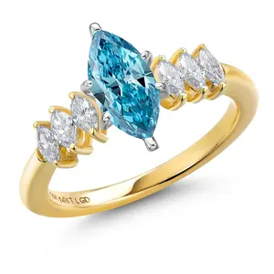 Gem Stone King 14K Yellow Gold IGI Certified Fancy Vivid Blue Lab Grown Diamond Engagement Ring For Women | 1.42 Cttw | Center Marquise Cut Diamond 1Ct | VS1-VS2 Clarity