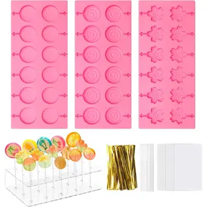 304Pcs Silicone Lollipop Molds Kit - Pink 15 Holes Lollipop Candy Molds with Acrylic Stand, 100 Sticks, Bags, Ties