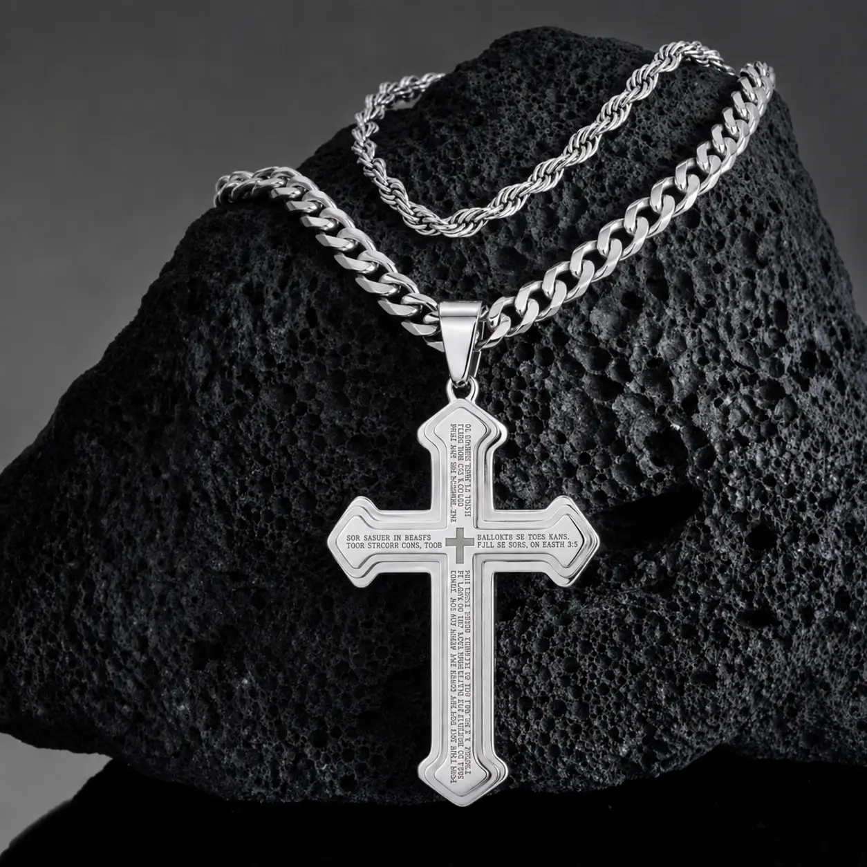 Stainless Steel Nail Lord's Prayer Cross Pendant Necklace for Men, Large Pendant, Sturdy Cuban Link 24" Chain