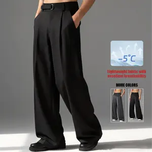 Men’s pleated wide-leg trousers Men’s pleated wide-leg suit pants with D-ring buckle Flowing suit pants for men, casual/formal High-waisted flowy wide-leg dress pants for men Adjustable D-ring waist pleated casual commuter trousers for men male clothes