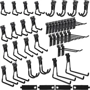 36 count Slatwall Hooks & Hangers 32 count Heavy Duty Slat Wall Hanging Hooks with 4 count Storage Straps Assortment Slatwall Accessories for Storage Garage Wall Organization Garden Home (Black)