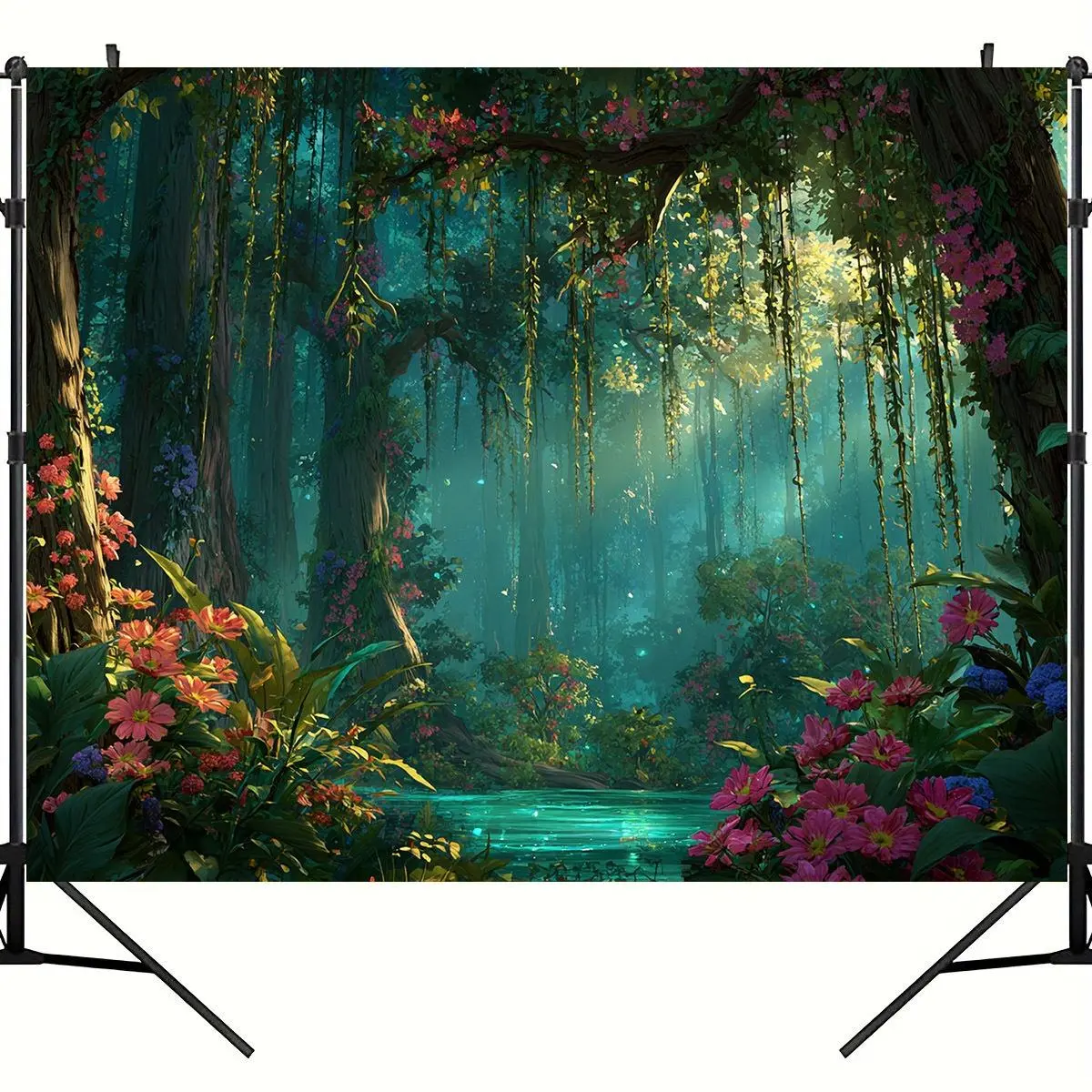 1 piece of charming forest scenery backdrop, featuring green trees, bright flowers, and a blue pond--natural-themed tapestry, suitable for photo booths, parties, weddings, home decoration--magical forest wall mural 2D flat