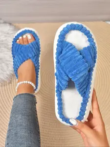 Women's Fashion Slide Slippers, Cross Design, Plush Material, Rubber Sole, Warmth Effect Good, Perfect for Hardwood Floors, Comfortable Indoor Wear, Slipper Shoes
