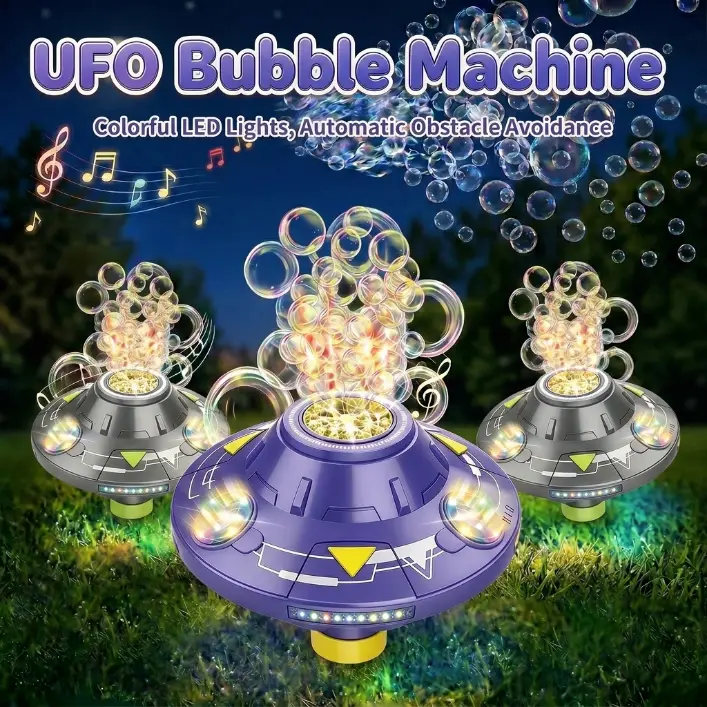 Super Output Glow in the Dark UFO Bubble Machine with Colorful LED Lights for Kids, Pets & Family Backyard Parties