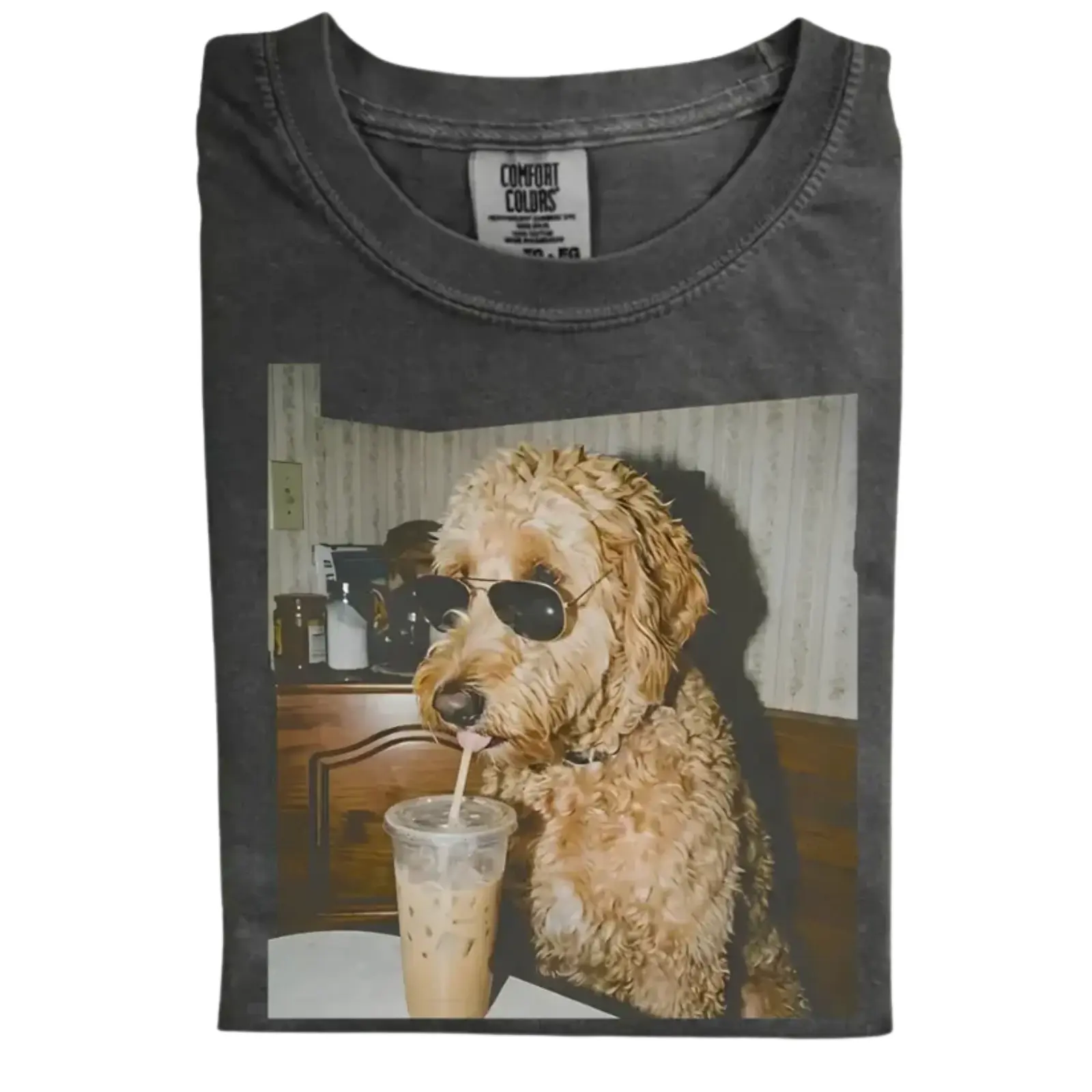 Golden Doodle Drinking Iced Coffee Comfort Colors T-shirt, Vintage 90s Funny Edgy Dog Meme Tee, Unisex Fit Design, Casual Streetwear, Unique Pet Lover Gift
