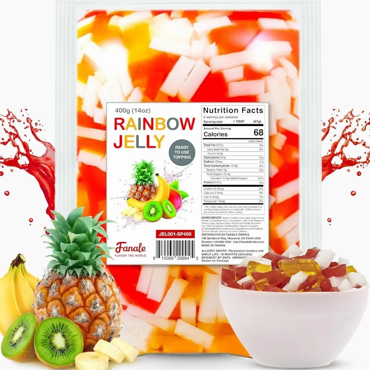 Fanale Coconut Jelly Topping nata de coco for Bubble Tea | Rainbow Konjac Jelly Topping for Boba Tea, Smoothies, Slushes, Desserts 400g(Pack Of 1)