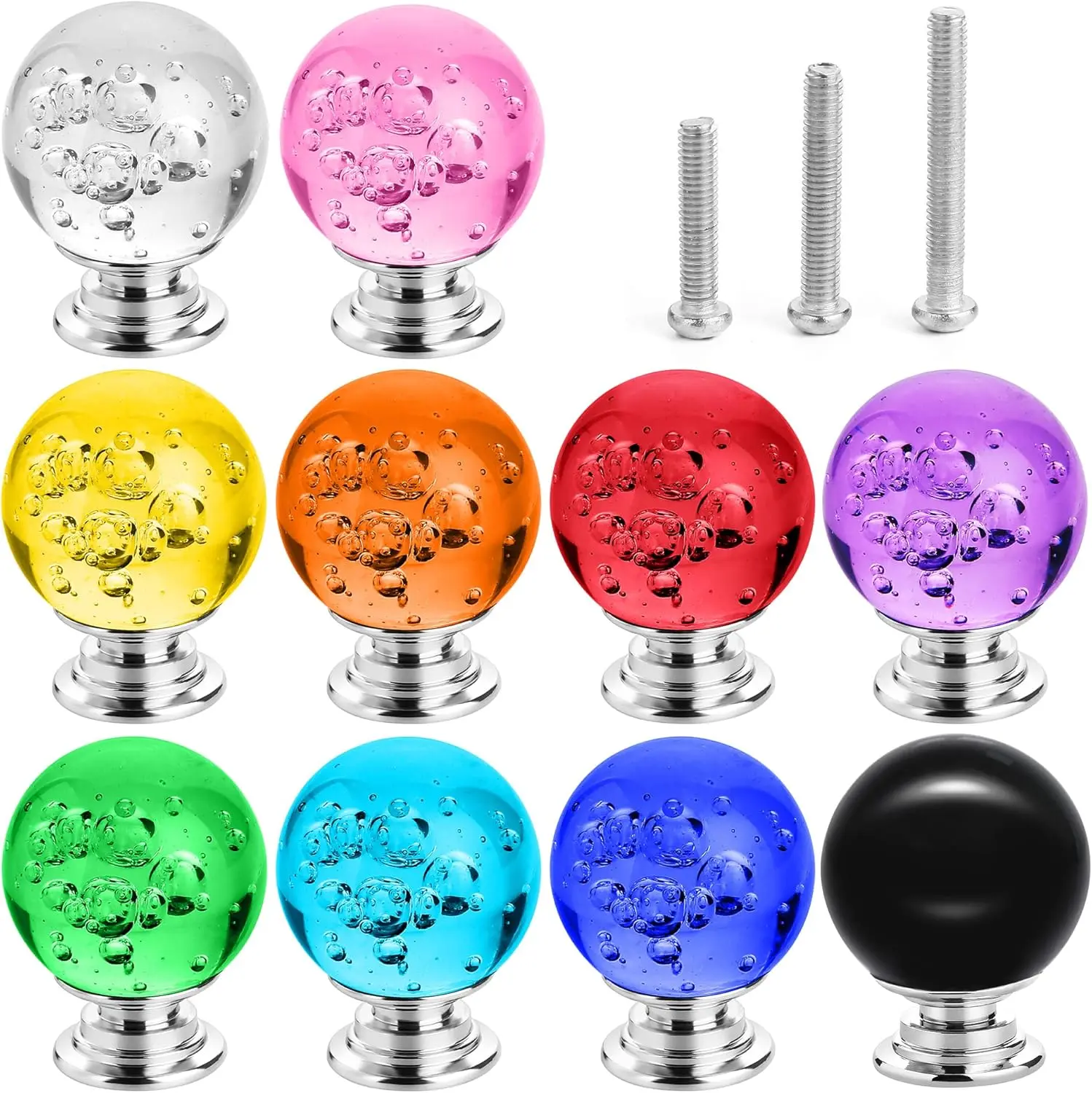 10 count Colorful Cabinet Knobs Round Glass Bubbles Knobs 30mm Smooth Drawer Pulls Handle for , Cabinet, Drawer and Dresser with 3 Different Size Screws