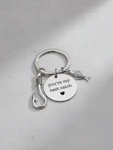 Fashion Letters Heart Print Round Shaped Keychain, with Fish & Fish Hook Charm Decor, Stainless Steel Keychain for Men Women, Car Keys, Bag Decoration, Personalized Heart Tag