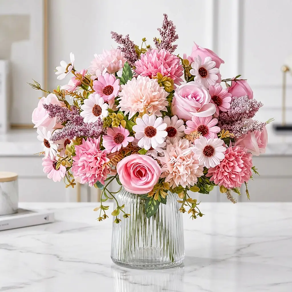 Pink Decorative Artificial Rose & Daisy Silk Flower Bouquet - Centerpiece for Room, Study, Entryway Accents, Canada Day Gift, Basket-Ready (Vase Not Included), Pink Rose Flowers