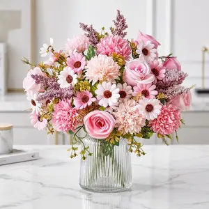 Pink artificial flower basket set (4 sets), includes silk pink roses, daisies, and chrysanthemums; no vase needed; ready to display; perfect for aesthetic living room decor and Mother’s Day gift fillers.